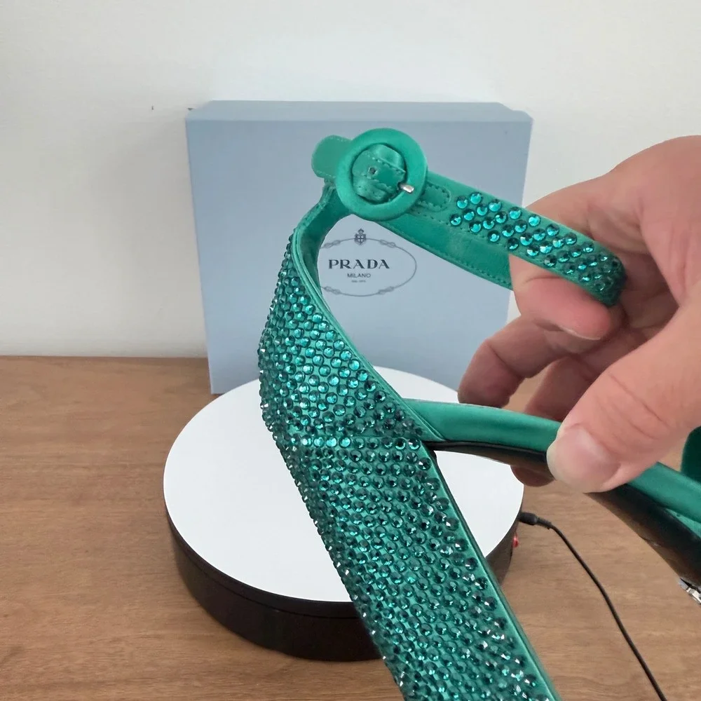 Prada Crystal‑Embellished Satin Platform Sandals Aqua Green Made in Italy. UK 36